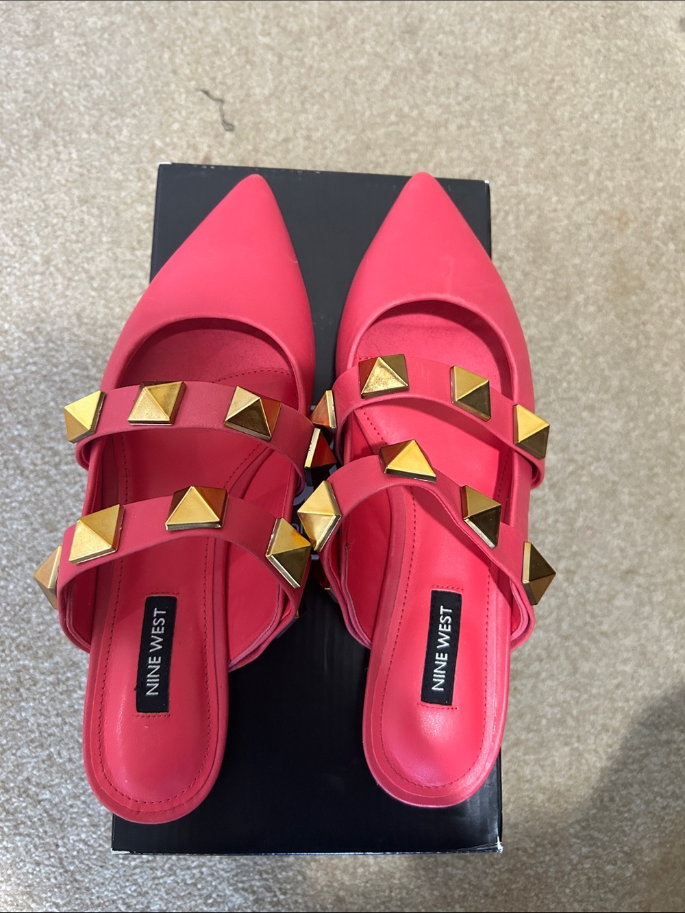 Nine West Hot Pink Pointed-Toe Mule with Gold Pyramid Studs
